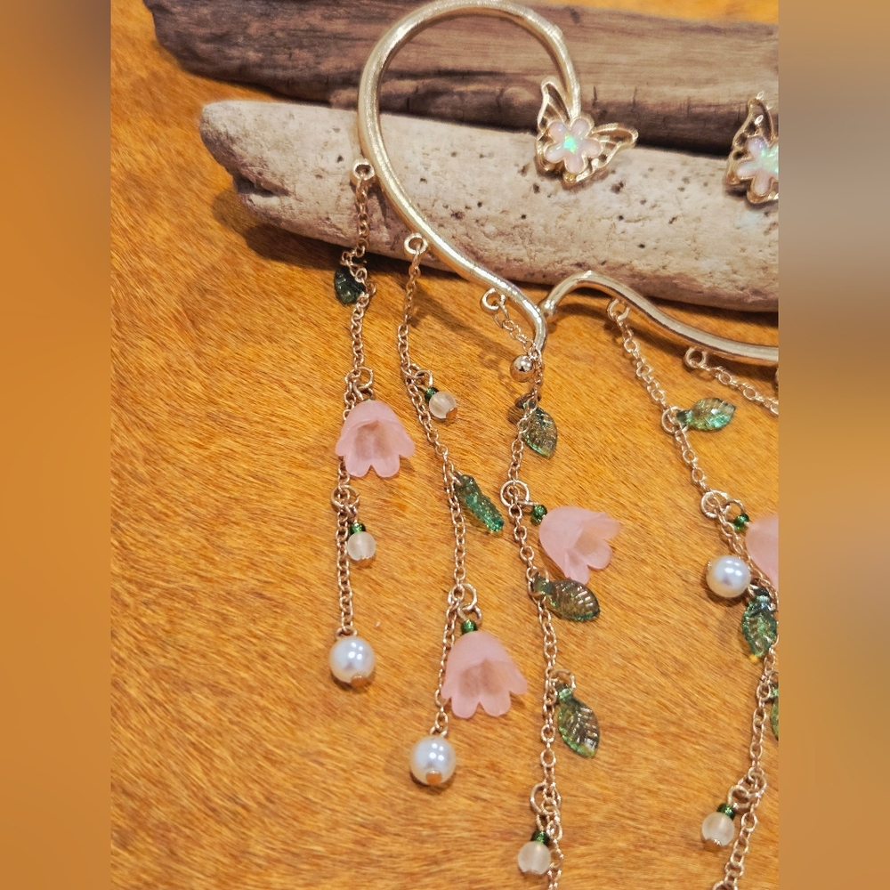 Gold Tone Butterfly And Flower Ear Cuff Set - Picture 2 of 4